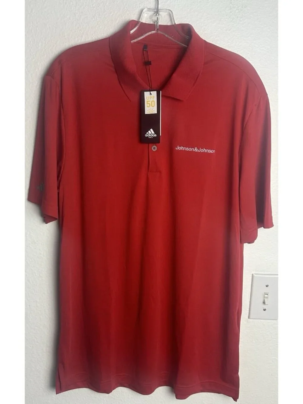 NWT Adidas Golf Polo Shirt Mens Large Red Johnson & Johnson Performance UPF 50+